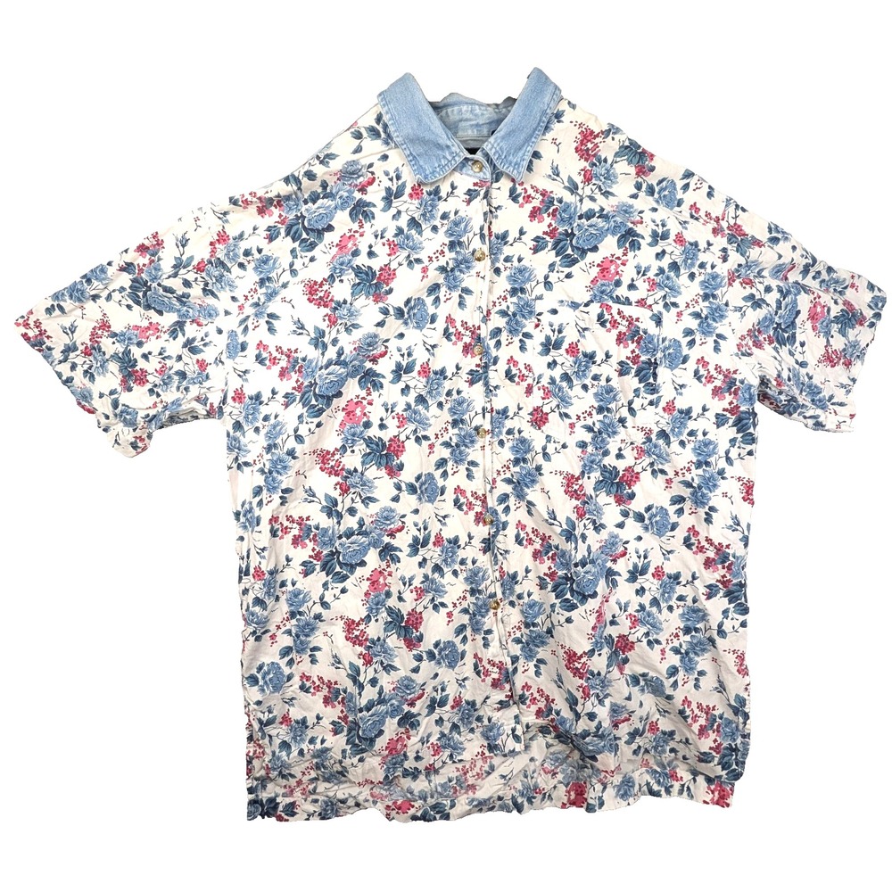 Quizz New York Plus 20 Long Sleeve Denim Collar Blue Rose White Vtg Side Slit